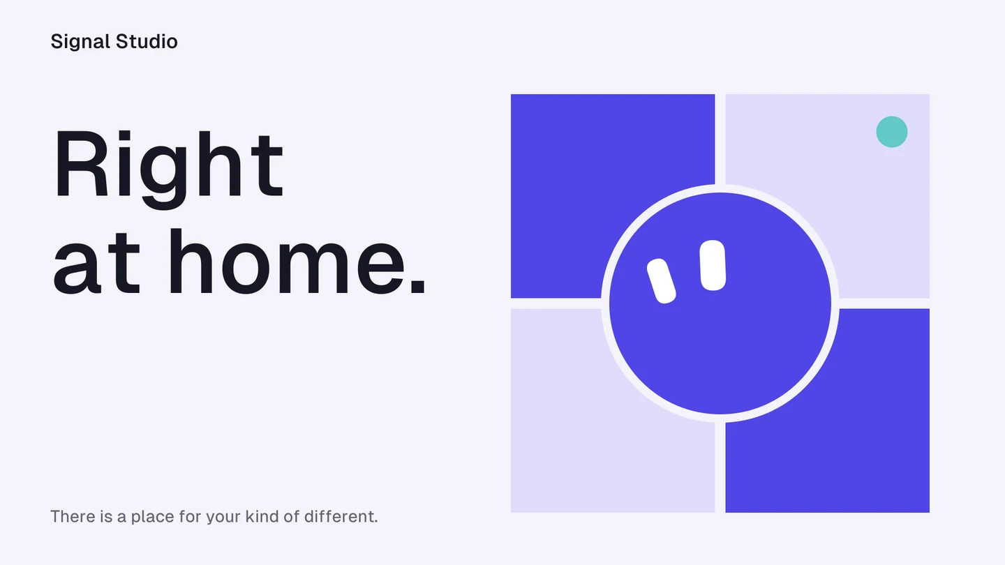 Indigo Dot fills a circular space between four indigo and lavender squares, beside Right at home.