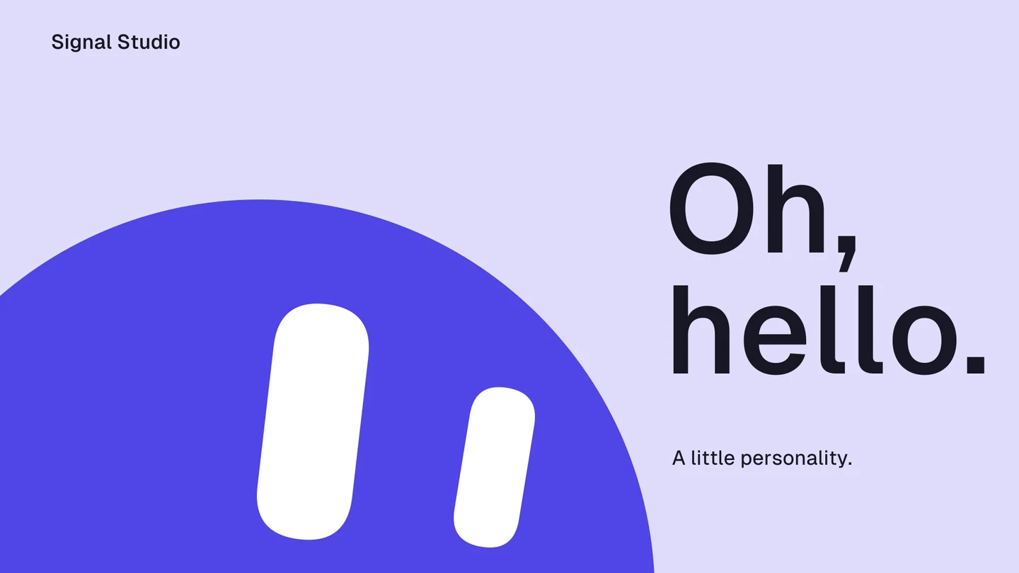 An oversized indigo Dot peeks above the bottom edge of a lavender poster reading Oh, hello.