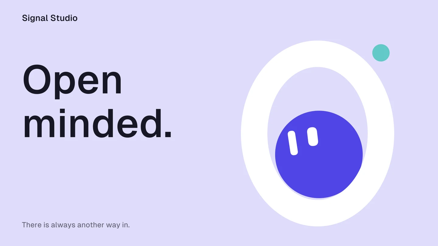 An indigo Dot peeks through a large white O on lavender, beside Open minded.
