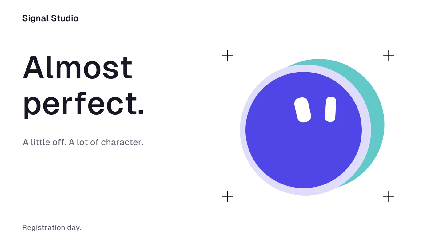 Cyan and lavender print circles sit slightly out of register behind a crisp indigo Dot. Almost perfect.