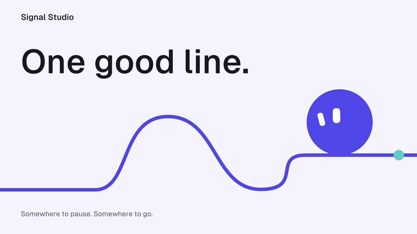 Dot perches on an indigo line that rises, loops down and continues across a pale stage.
