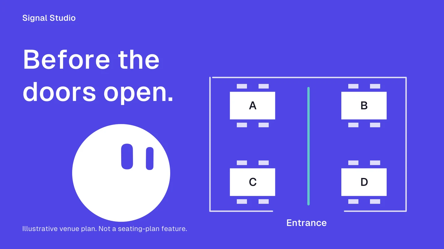 White Dot looks toward a simple four-table plan with a cyan aisle and labelled entrance.